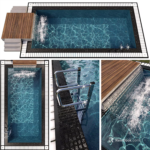 Sparkling Clear Swimming Pool With Wooden Deck Metal Ladder And Tile Border 3d model 