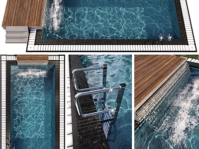 Sparkling Clear Swimming Pool With Wooden Deck Metal Ladder And Tile Border 3d model