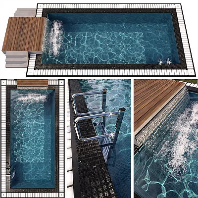 Sparkling Clear Swimming Pool With Wooden Deck Metal Ladder And Tile Border 3d model