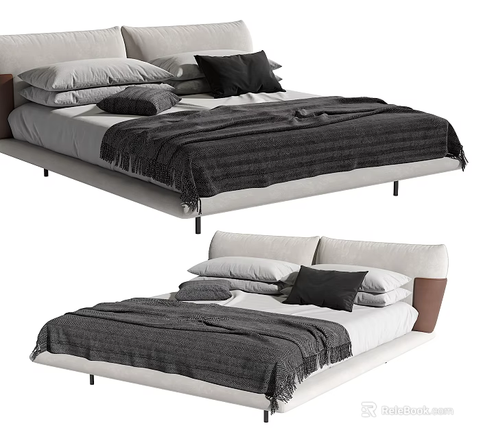 Modern Minimalist Double Bed With White Frame Gray Blanket And Leather Accent Pillows 3d model 