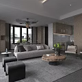 Modern Living Dining Room With Gray Sofa Round Coffee Table And Large Windows