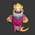 Cartoon Game Character With Yellow Head Horns Headphones Pink Suit Green Bowtie And Yellow Tail