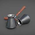 Stylish Metallic Coffee Pot With Wooden Handle And Patterned Surface For Kitchen Use