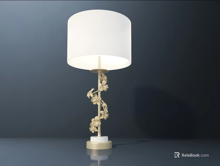 Elegant Table Lamp With White Lampshade Golden Carved Post And Marble Base 3d model