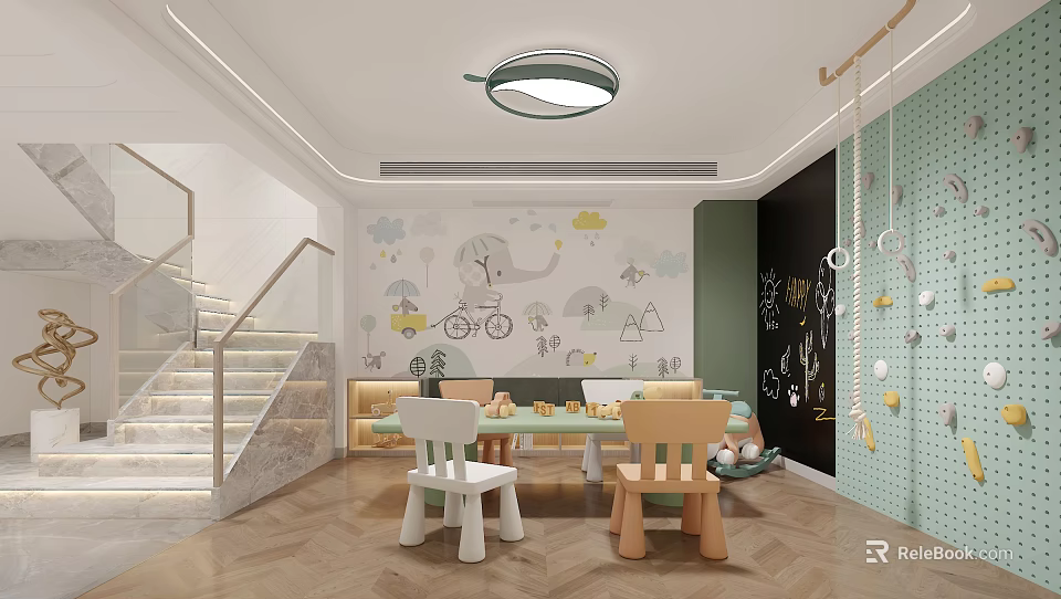 Colorful Children's Activity Room With Cartoon Wall Art Small Tables Chairs And Hanging Toys 3d model 