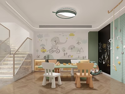 Colorful Children's Activity Room With Cartoon Wall Art Small Tables Chairs And Hanging Toys 3d model