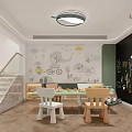 Colorful Children's Activity Room With Cartoon Wall Art Small Tables Chairs And Hanging Toys