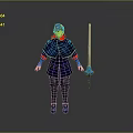 Man in Blue Outfit with Red Accents holding Long Sword Animated Character
