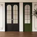 Black and Green Double Doors With Glass Panels White Walls Moldings And Plant Interior