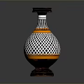 Ceramic Vase Shaped Sculpture Carving with Black and White Grid and Orange Accent Band Design