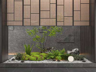 Japanese Style Indoor Landscape With Greenery Stones White Gravel And Grid Screen 3d model