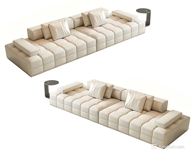 Beige Multi person Sofa with Modern Design Cushions and Small Side Tables 3d model