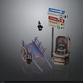 Outdoor Decorative Components With Vintage Blue Cart Street Lamp Directional Sign And Trash Can