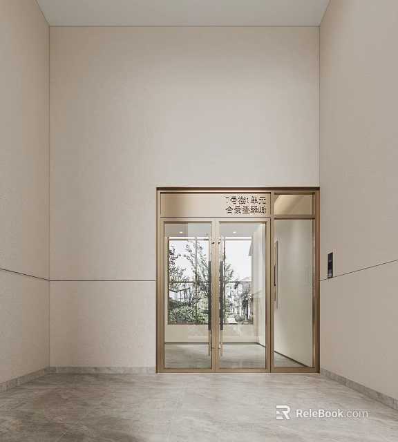 Elegant Building Facade With Golden Framed Glass Door Light Colored Wall And Trees Outside Window 3d model 