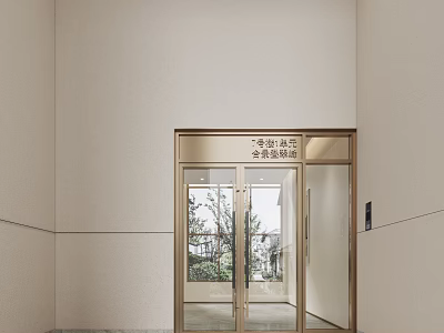 Elegant Building Facade With Golden Framed Glass Door Light Colored Wall And Trees Outside Window 3d model