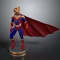 Man in Superhero Costume with Red Cape Blue Bodysuit and Golden Accents Standing on Base