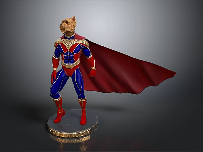 Man in Superhero Costume with Red Cape Blue Bodysuit and Golden Accents Standing on Base 3d model