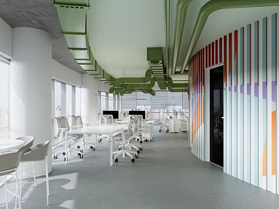 Modern Public Office Space with Open Layout Green Pipes Colorful Striped Walls and White Desks 3d model