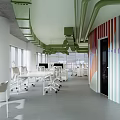 Modern Public Office Space with Open Layout Green Pipes Colorful Striped Walls and White Desks