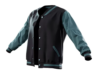 Stylish Black And Teal Baseball Jacket With Buttons And Pocket 3d model