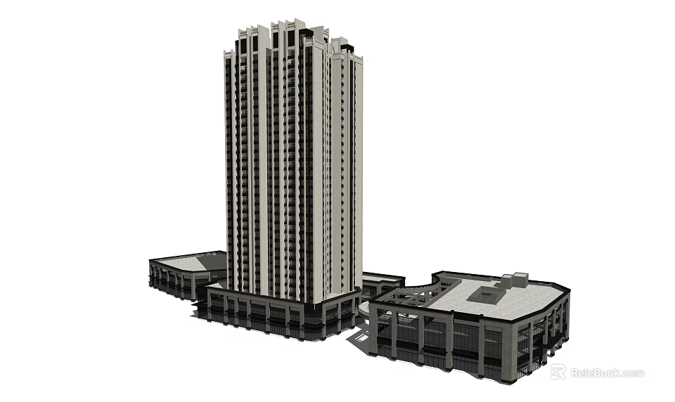 Modern High Rise Residential Building With Surrounding Low Rise Structures And Architecture 3d model 