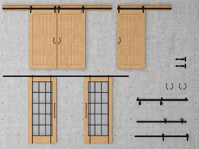 Barn Doors Featuring Wooden And Glass Panel Designs With Installation Hardware Tracks 3d model