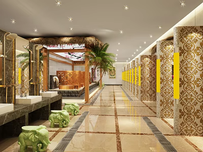 Luxurious SPA Sauna Interior Design With Wooden Sauna Room Marble Floors And Decorative Columns 3d model