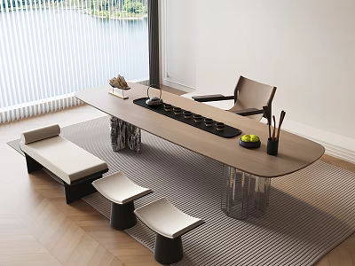 Modern Tea Table and Chairs with Tea Tray Bench Striped Rug and Lake View Window 3d model