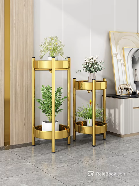 Golden Multi Tiered Plant Stands With Green Plants And Flower Vases In Modern Interior 3d model 