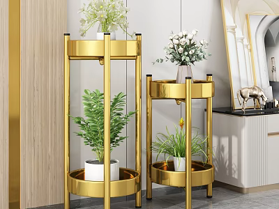 Golden Multi Tiered Plant Stands With Green Plants And Flower Vases In Modern Interior 3d model