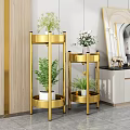 Golden Multi Tiered Plant Stands With Green Plants And Flower Vases In Modern Interior