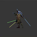 Fantasy Characters Alien with Blue Skin in Brown Robes Holding Green Blue Yellow Glowing Lightsabers
