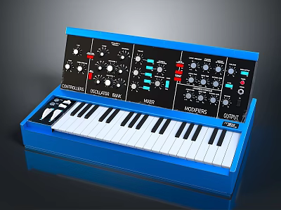Blue Electronic Keyboard with Control Panel Knobs Buttons and Black White Keys 3d model