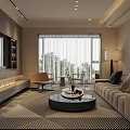 Modern Elegant Living Dining Room Interior With Sofa Coffee Table Rug Wall Art Dining Chairs