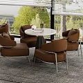 Brown Casual Sofa Set in Modern Interior with Round Tables Large Windows and Green View