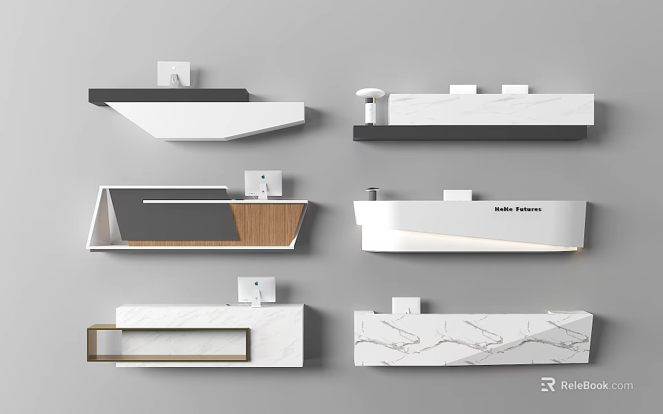 Modern Front Desk Reception Designs With White Black Marble And Wooden Elements 3d model