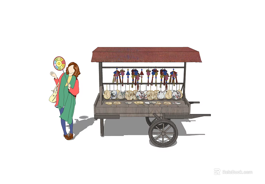 Functional Street Vending Cart With Canopy Displaying Various Items And Customer 3d model 