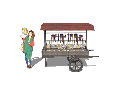 Functional Street Vending Cart With Canopy Displaying Various Items And Customer 3d model