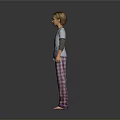 Child Wearing Blue Graphic T-Shirt and Purple Plaid Pajama Pants Standing