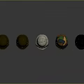 Five Colored Hats With Various Designs And Red Brims On Gray Background