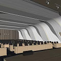 Modern Large Conference Room Featuring Curved Ceiling Lighting Wooden Walls Neatly Arranged Tables Chairs Podium