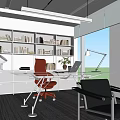 Modern Office Interior With Bookshelves Red Chair Glass Desk Laptop Large Windows And Green Plants