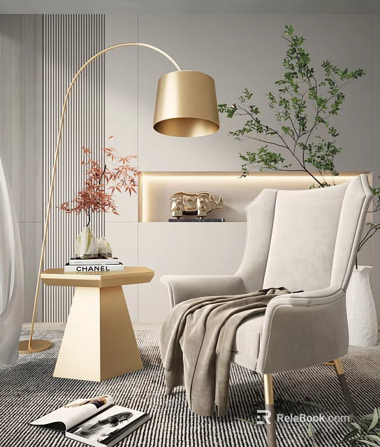 Elegant Beige Single Sofa With Gold Pendant Lamp Green Plants Side Table And Decorative Items 3d model 