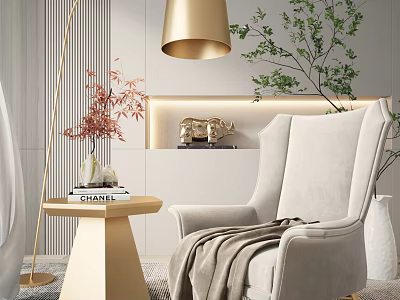 Elegant Beige Single Sofa With Gold Pendant Lamp Green Plants Side Table And Decorative Items 3d model