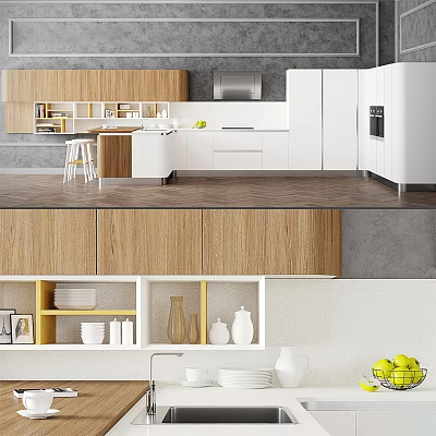 Modern Kitchen Interior With Wooden Cabinets White Appliances Open Layout And Island Counter 3d model