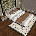 Double Bed with Leafy Mural Headboard Pillows and Brown Blanket on Wooden Flooring with Nightstands and Roller Blinds