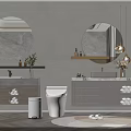 Modern Bathroom Vanity Cabinet With Marble Countertop Round Mirror Pendant Lights And Storage Drawers