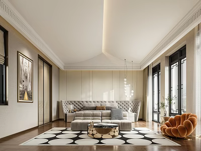 Modern Luxury Bedroom Interior with Large Windows Area Rug Sofa Chandelier and Decorative Painting 3d model