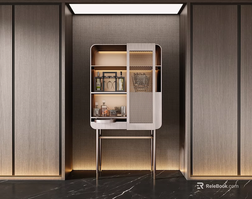 Modern Elegant Wine Cabinet With Glass Door Wine Bottles Lighting Wooden Walls And Marble Floor 3d model 