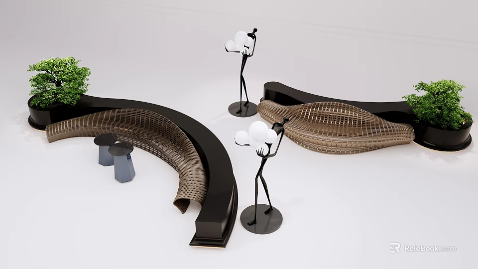 Modern Curved Landscape Seats With Woven Texture Green Plants And Decorative Lights 3d model 